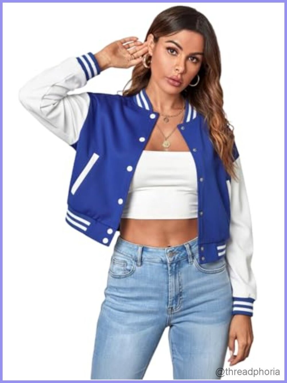 Cropped Varsity Baseball Jacket Button Front Ribbed Cuffs Bomber